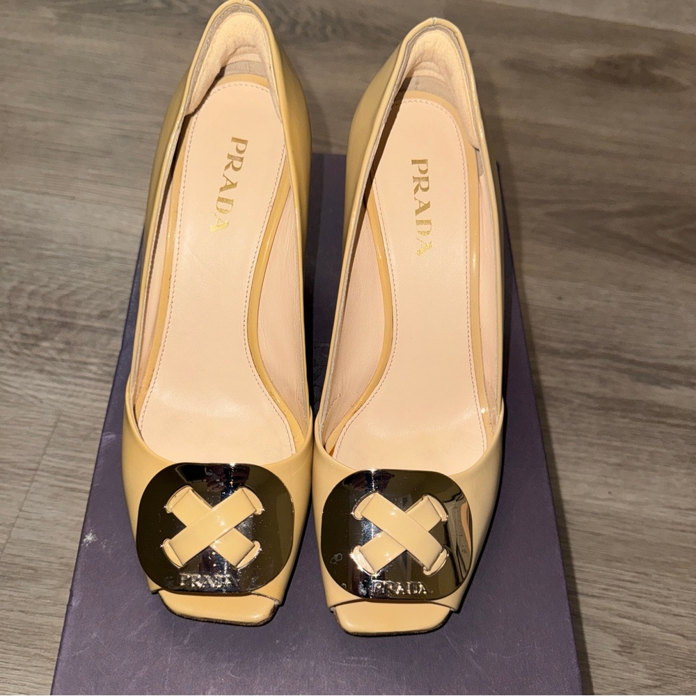 Prada Women's beige Heels with silver detail. Prada Block Heel Pumps 37.5